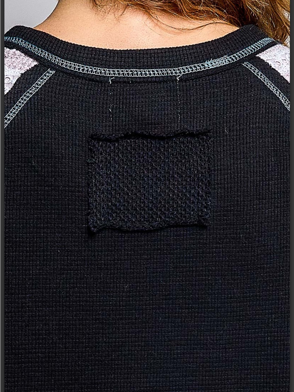 POL Thermal Waffle Knit Black & Pink Floral Patchwork Pullover Top - Picture 7 of 7